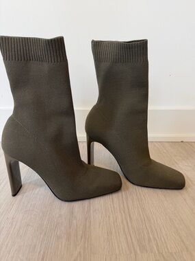 Zara Stretch-Knit Sock Boot in Olive Green - Women's High Heel Ankle Boot size 7